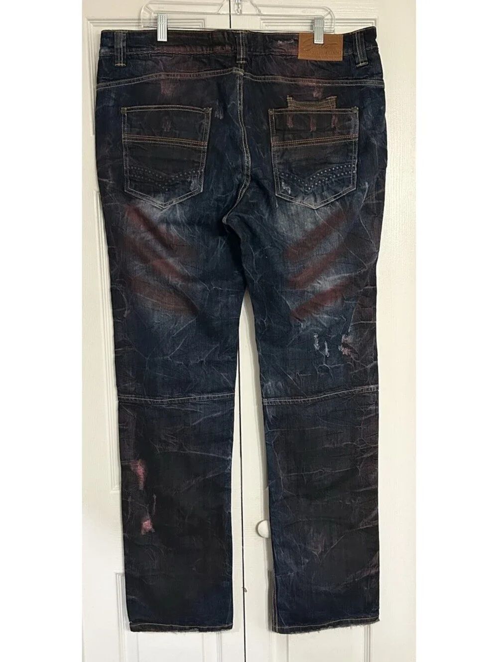 Elite Premium Denim Jeans 38x34 Distressed Dark Wash Hand Paint Cargo Pockets